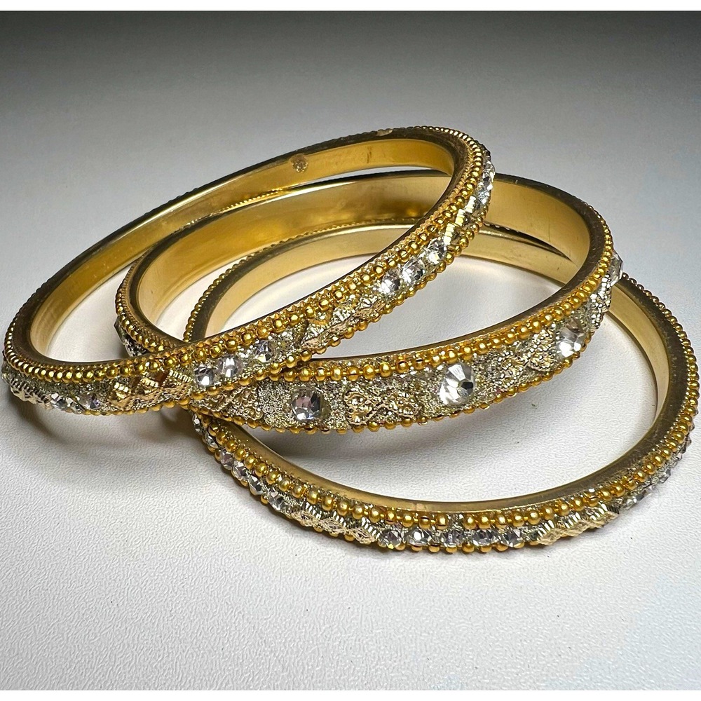 Set of 3 Gold Tone Rhinestone Bangle Bracelets w/ Silver Accents Round